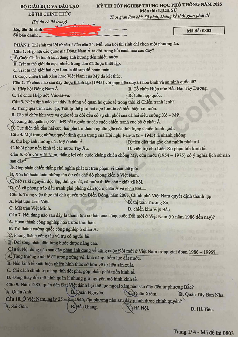 Dap an de thi mon Su ma de 0803 - tot nghiep THPT 2025