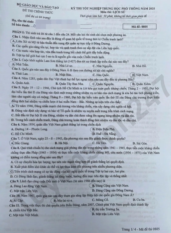 Dap an de thi mon Su tot nghiep THPT 2025 - ma de 0805