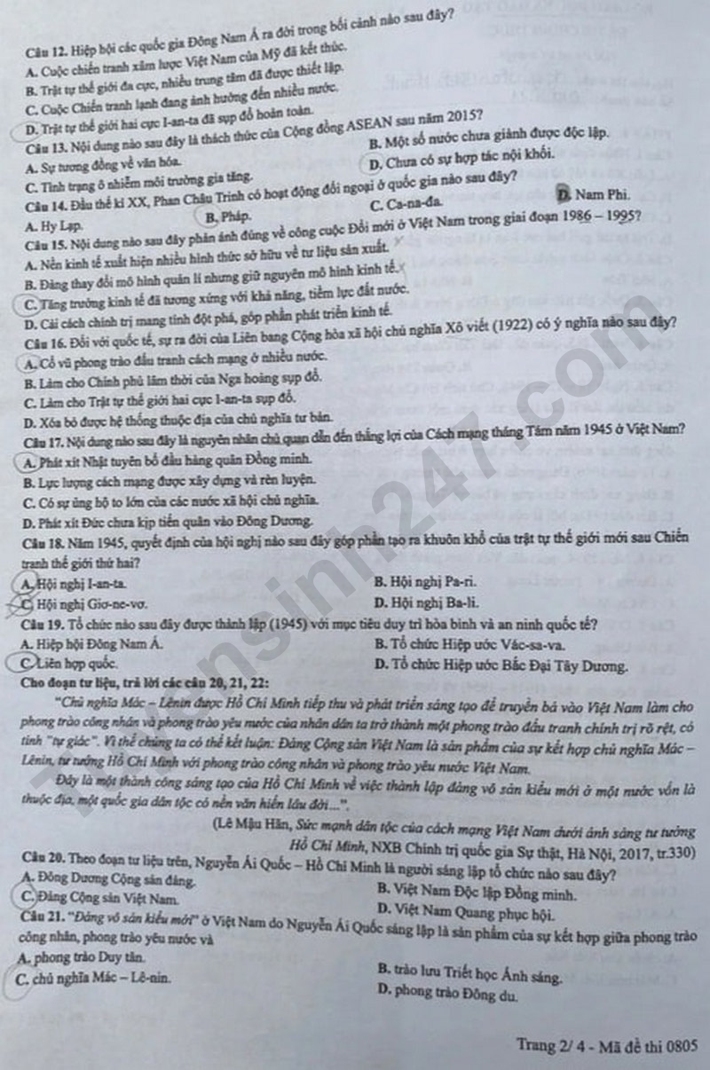 Dap an de thi mon Su tot nghiep THPT 2025 - ma de 0805