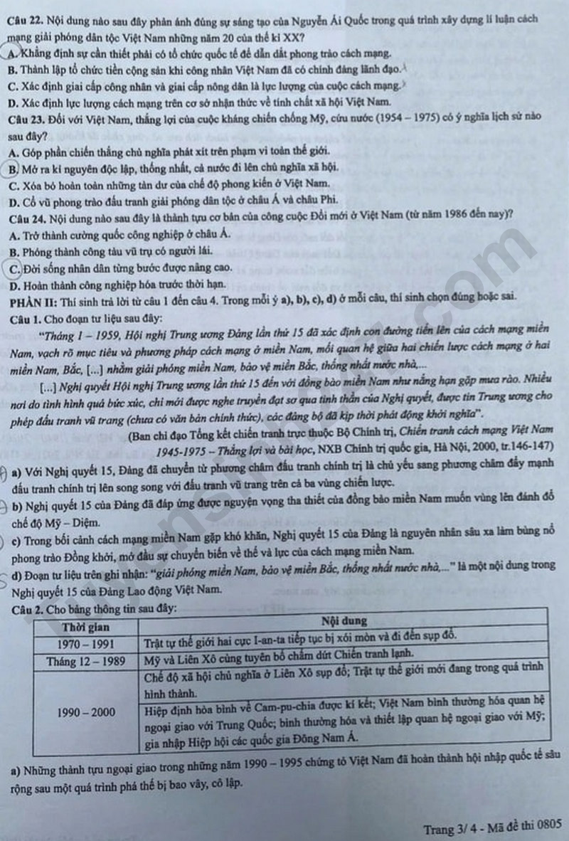 Dap an de thi mon Su tot nghiep THPT 2025 - ma de 0805