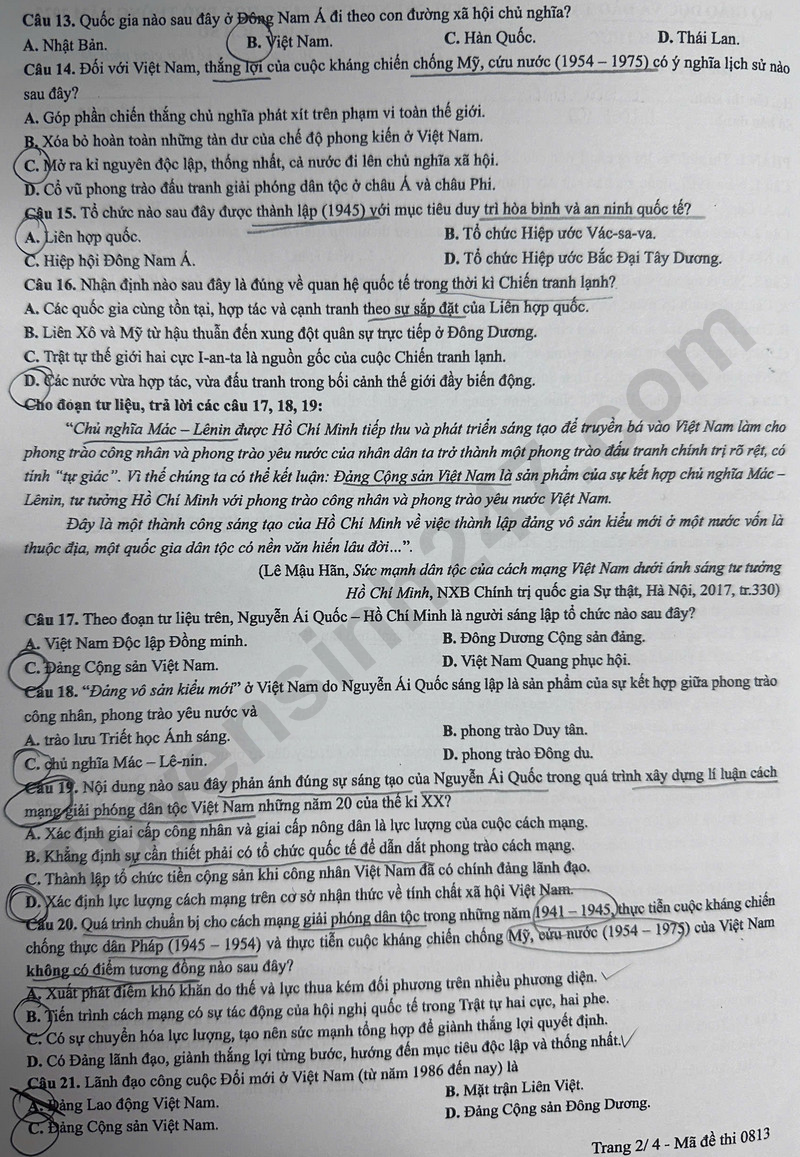 Dap an de thi tot nghiep THPT 2025 ma de 0813 mon Su