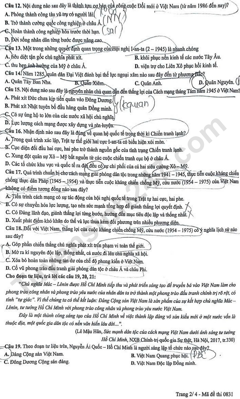 Dap an de thi tot nghiep THPT 2025 - ma de 0831 mon Su