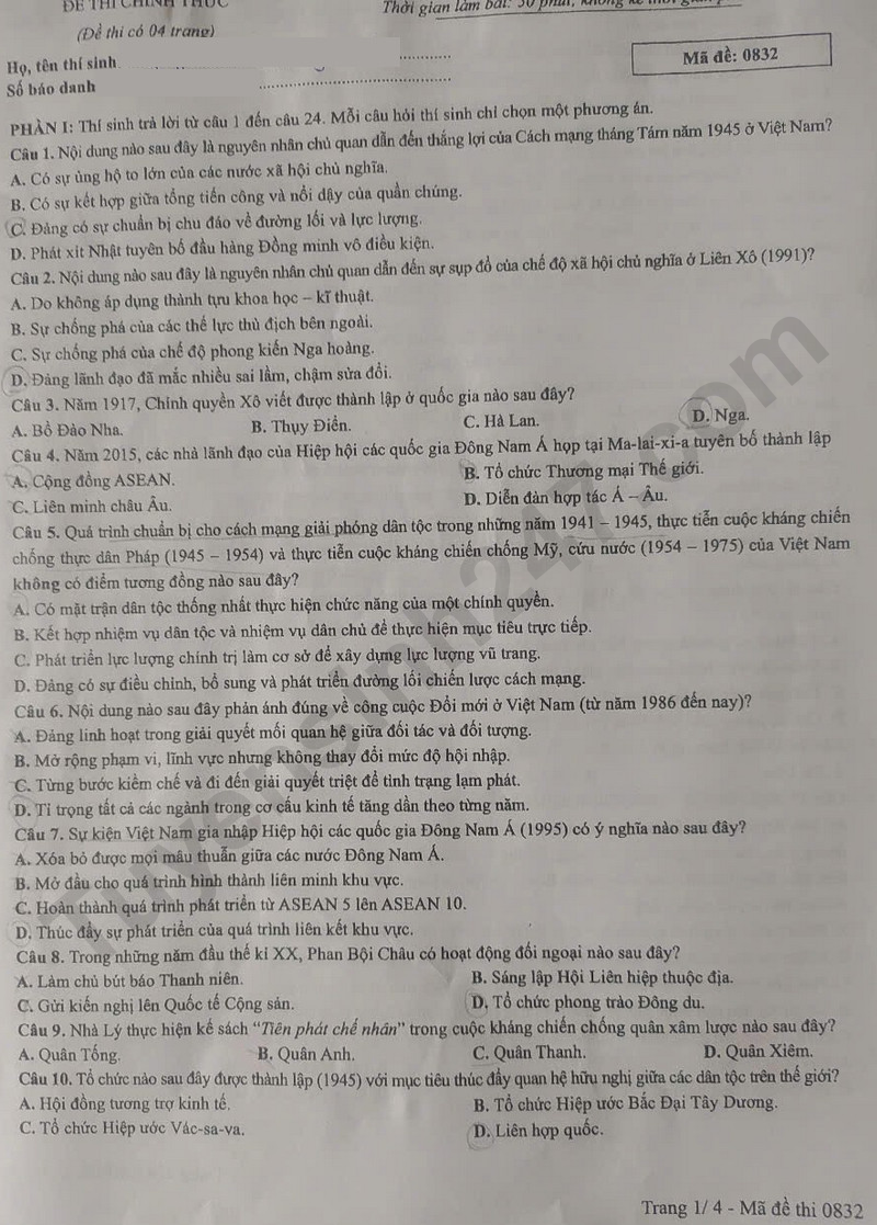 Dap an de thi mon Su ma de 0832 - tot nghiep THPT 2025