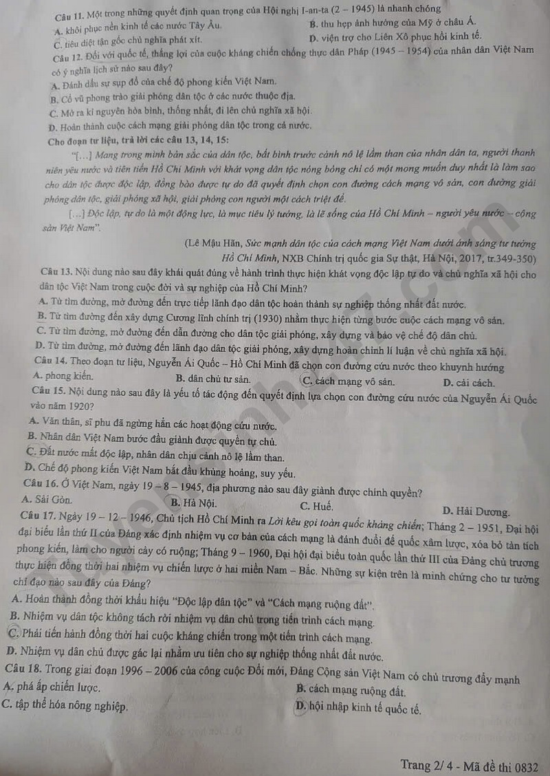Dap an de thi mon Su ma de 0832 - tot nghiep THPT 2025