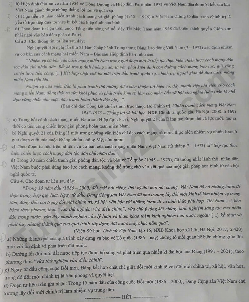 Dap an de thi mon Su ma de 0832 - tot nghiep THPT 2025
