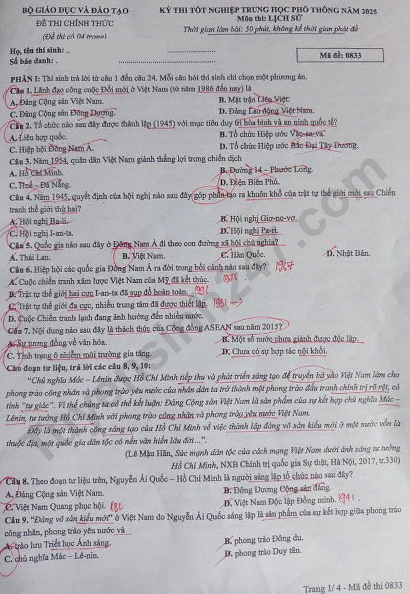 Dap an de thi tot nghiep THPT 2025 mon Su - ma de 0833