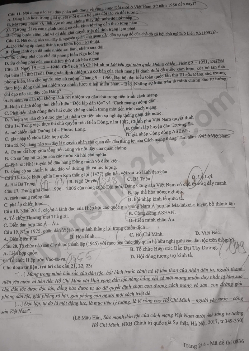 Dap an de thi tot nghiep THPT mon Su 2025 - ma de 0836