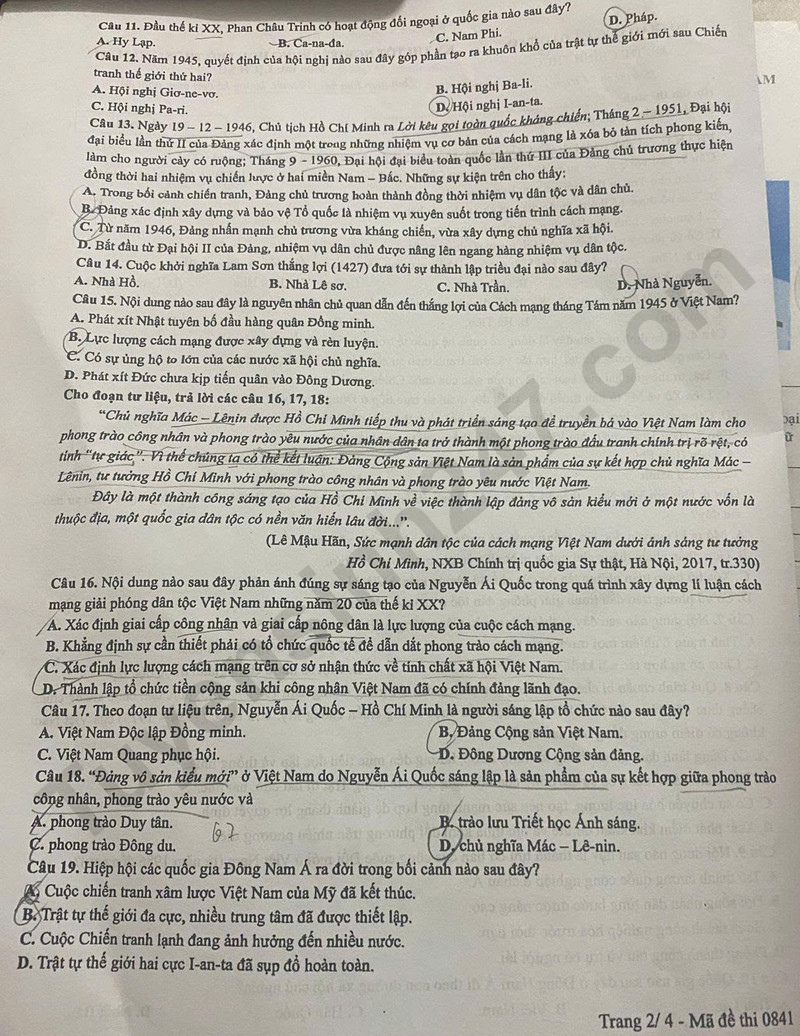 Dap an de thi mon Su ma de 0841 - tot nghiep THPT 2025