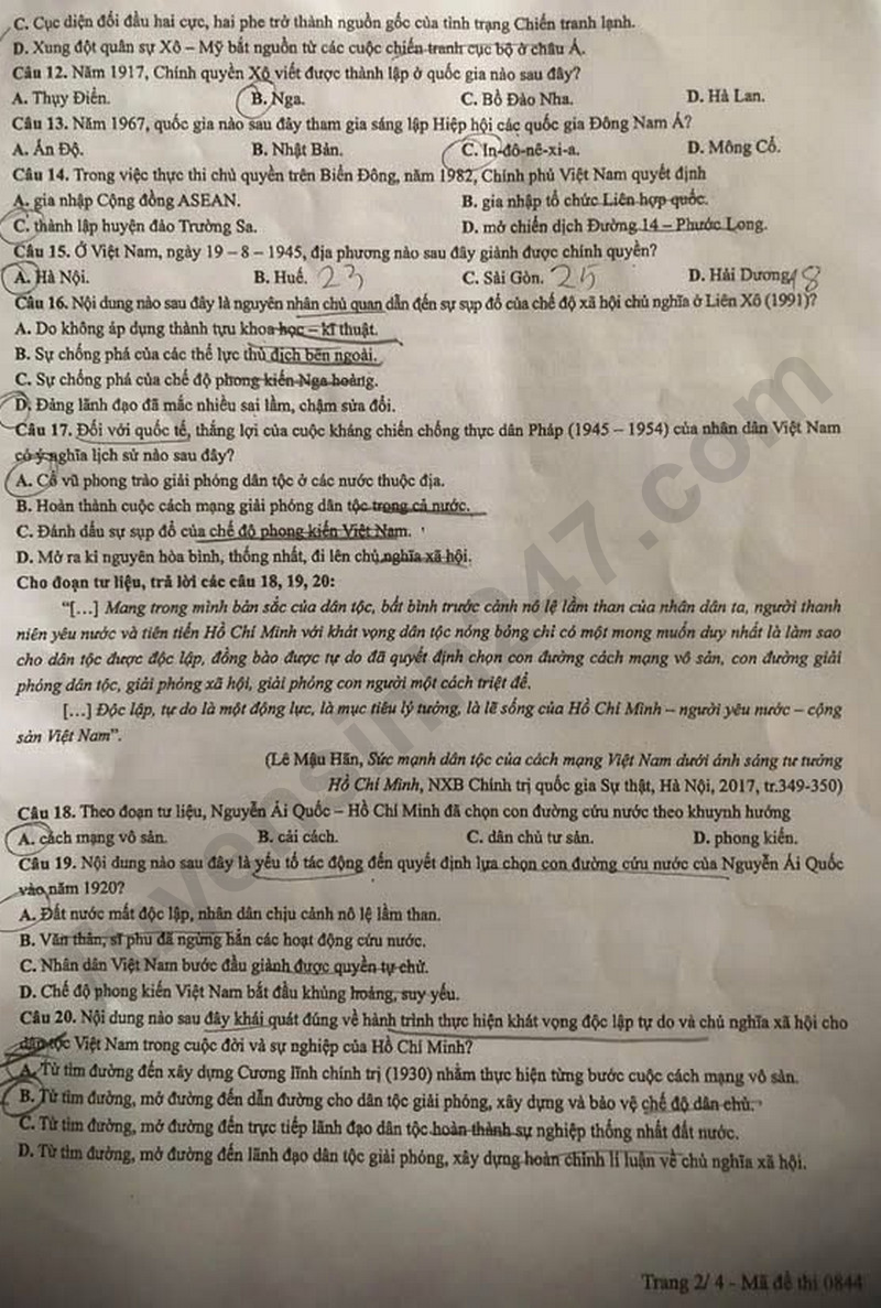 Dap an de thi mon Su ma de 0844 tot nghiep THPT 2025