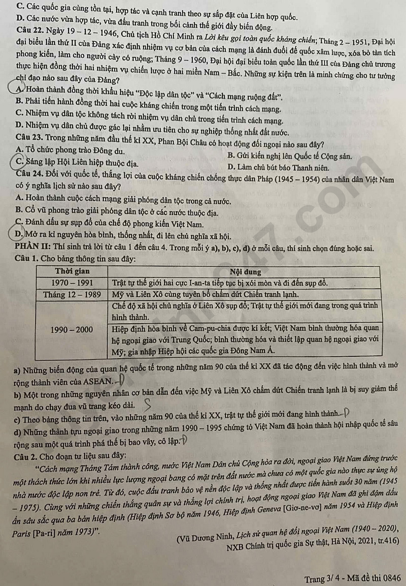 Dap an de thi tot nghiep THPT mon Su 2025 - ma de 0846