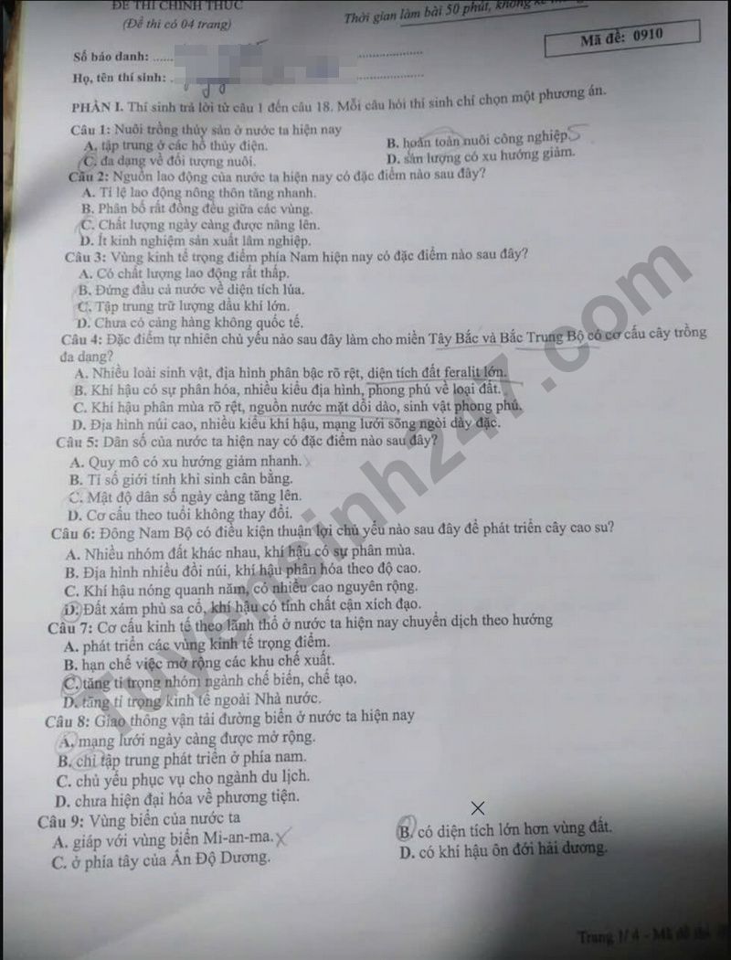 Dap an de thi mon Dia tot nghiep THPT 2025 ma de 0910