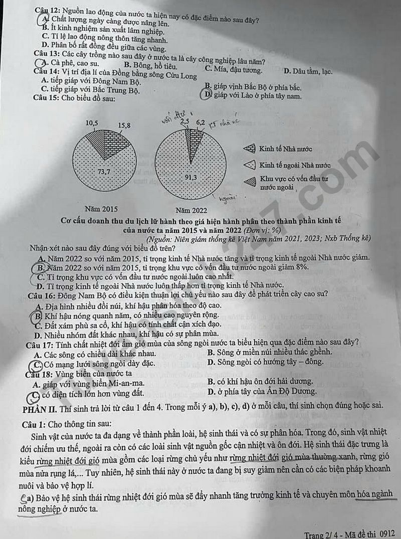 Dap an de thi tot nghiep THPT nam 2025 - ma de 0912 mon Dia