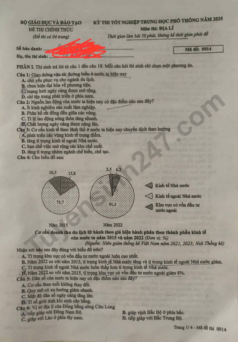 Dap an de thi mon Dia tot nghiep THPT 2025 - ma de 0914