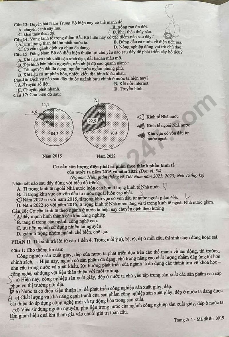 Dap an de thi tot nghiep THPT 2025 ma de 0919 mon Dia