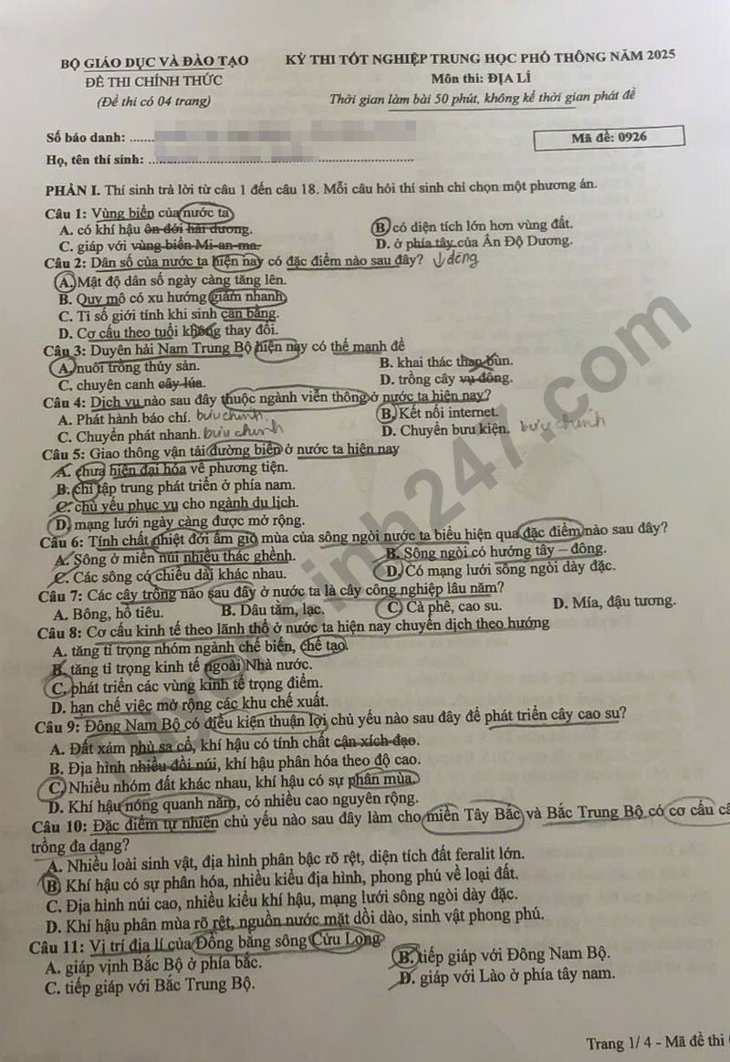 Dap an de thi tot nghiep THPT 2025 mon Dia ma de 0926