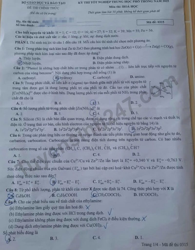 Dap an de thi tot nghiep THPT 2025 ma de 0315 mon Hoa