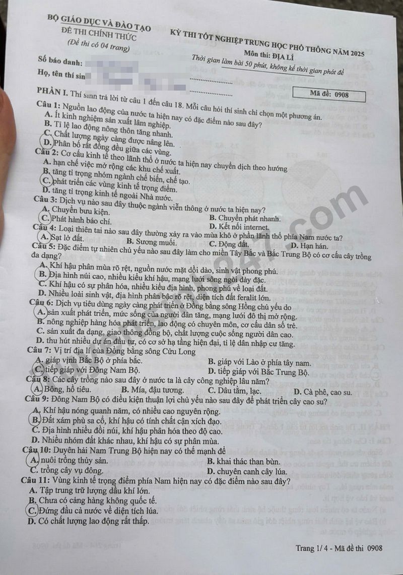 Dap an de thi tot nghiep THPT 2025 ma de 0908 mon Dia
