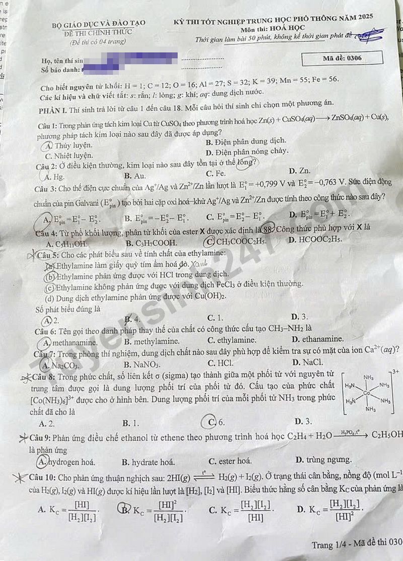 Dap an de thi mon Hoa tot nghiep THPT 2025 - Ma de 0306
