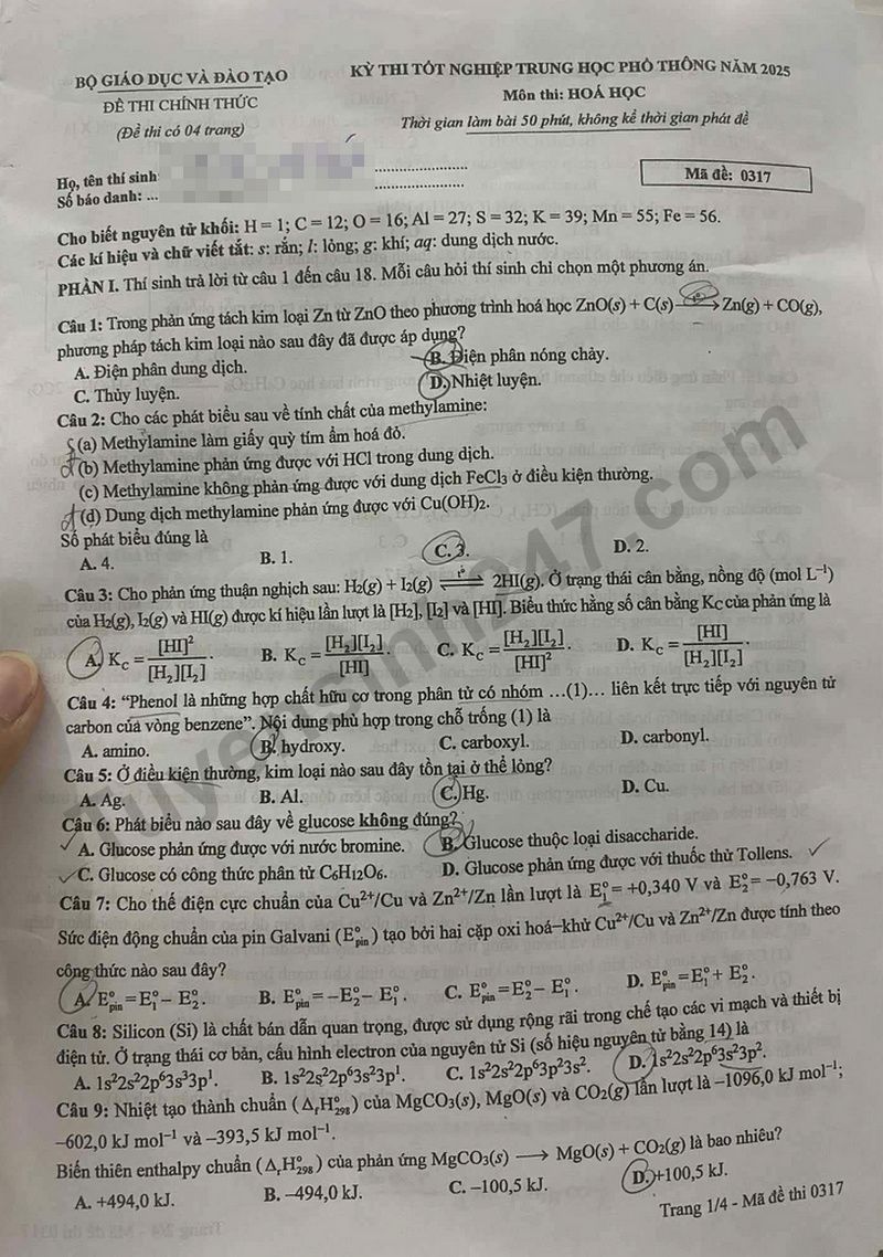Dap an de thi tot nghiep THPT 2025 mon Hoa - ma de 0317