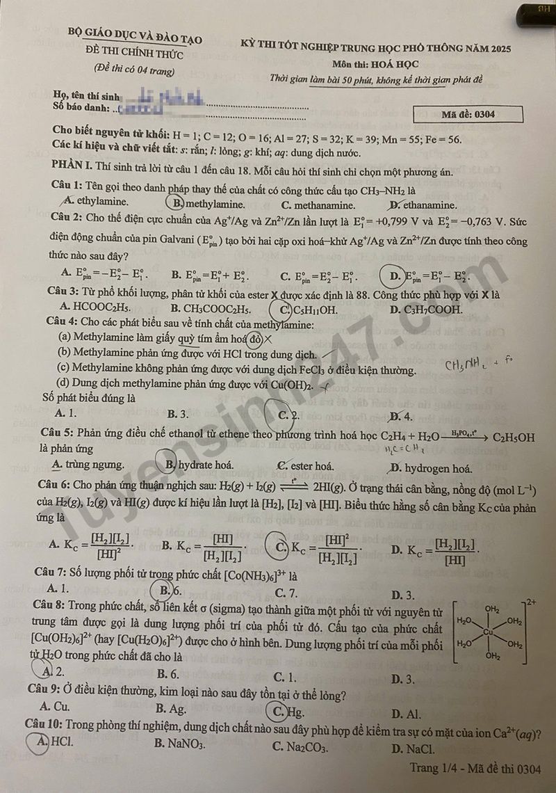Dap an de thi tot nghiep THPT 2025 mon Hoa ma de 0304
