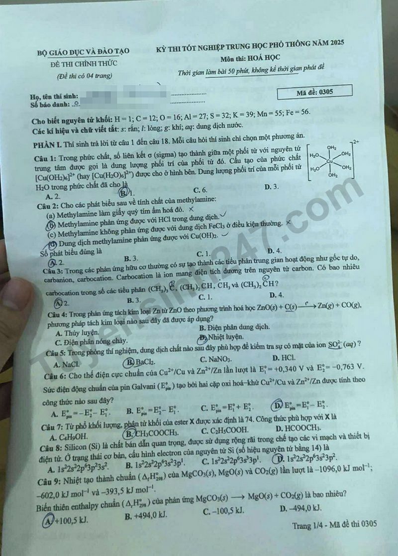 Dap an de thi tot nghiep THPT 2025 - mon Hoa ma de 0305