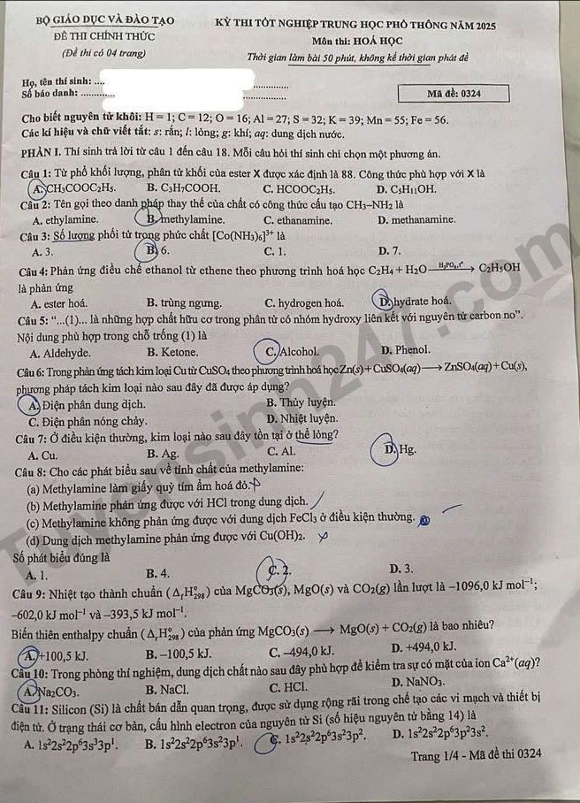 Dap an de thi tot nghiep THPT 2025 mon Hoa ma de 0324