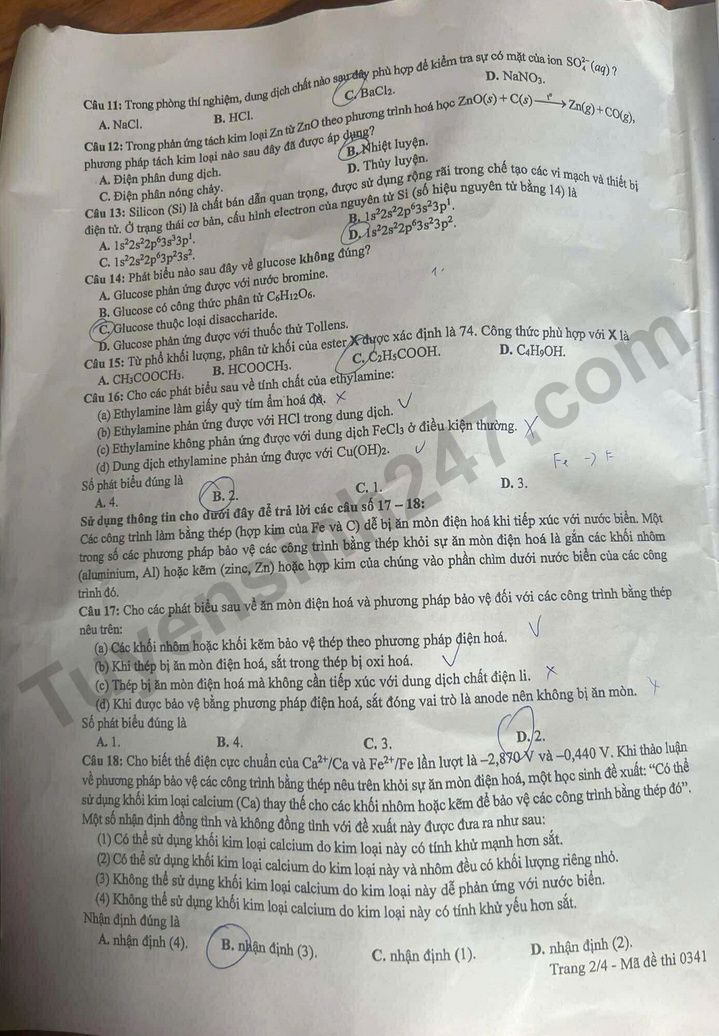 Dap an de thi mon Hoa - ma de 0341 tot nghiep THPT 2025