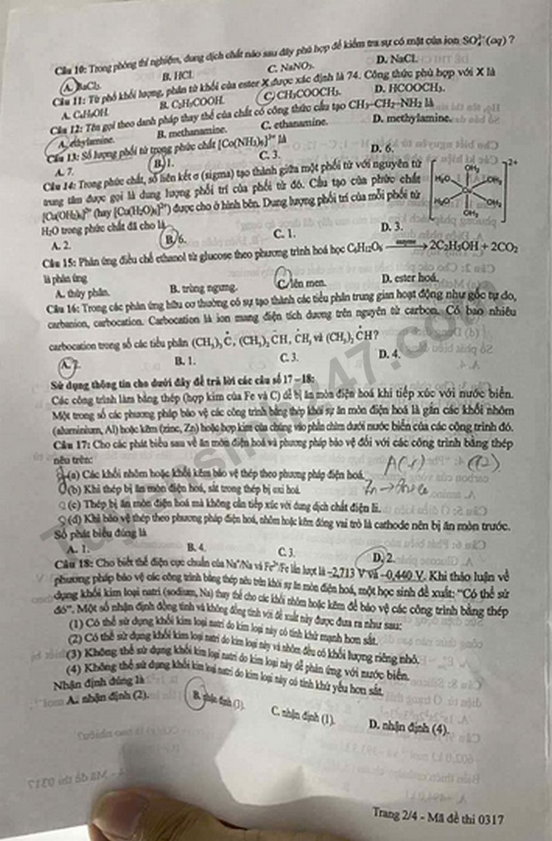 Dap an de thi tot nghiep THPT 2025 mon Hoa - ma de 0317