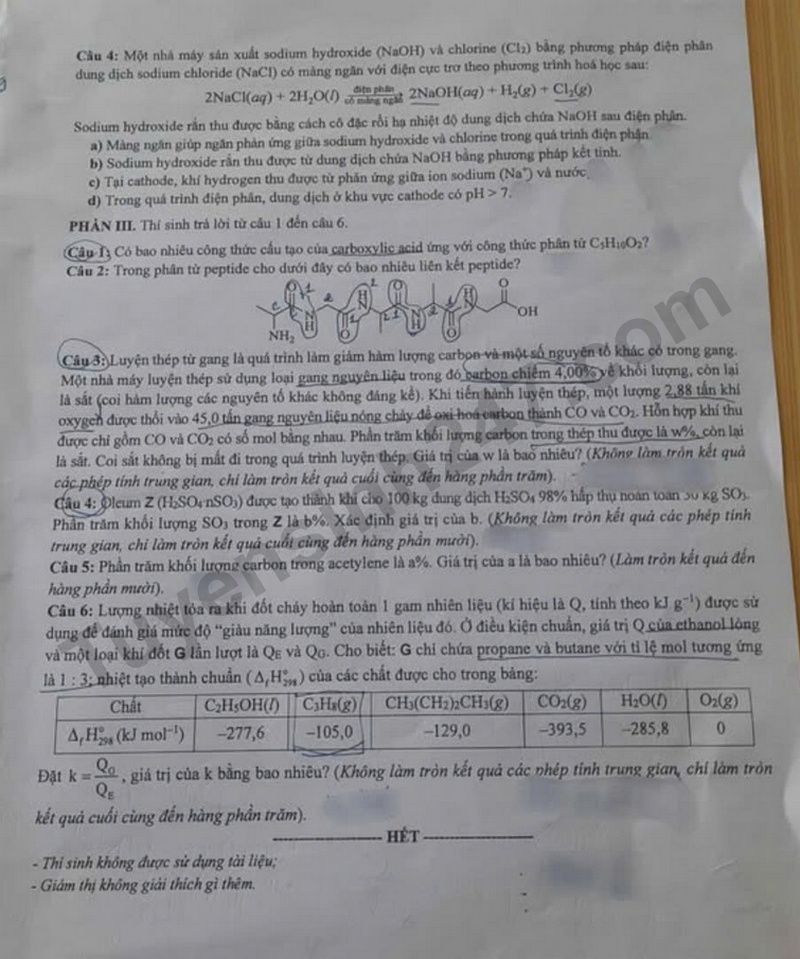 Dap an de thi tot nghiep THPT 2025 ma de 0315 mon Hoa