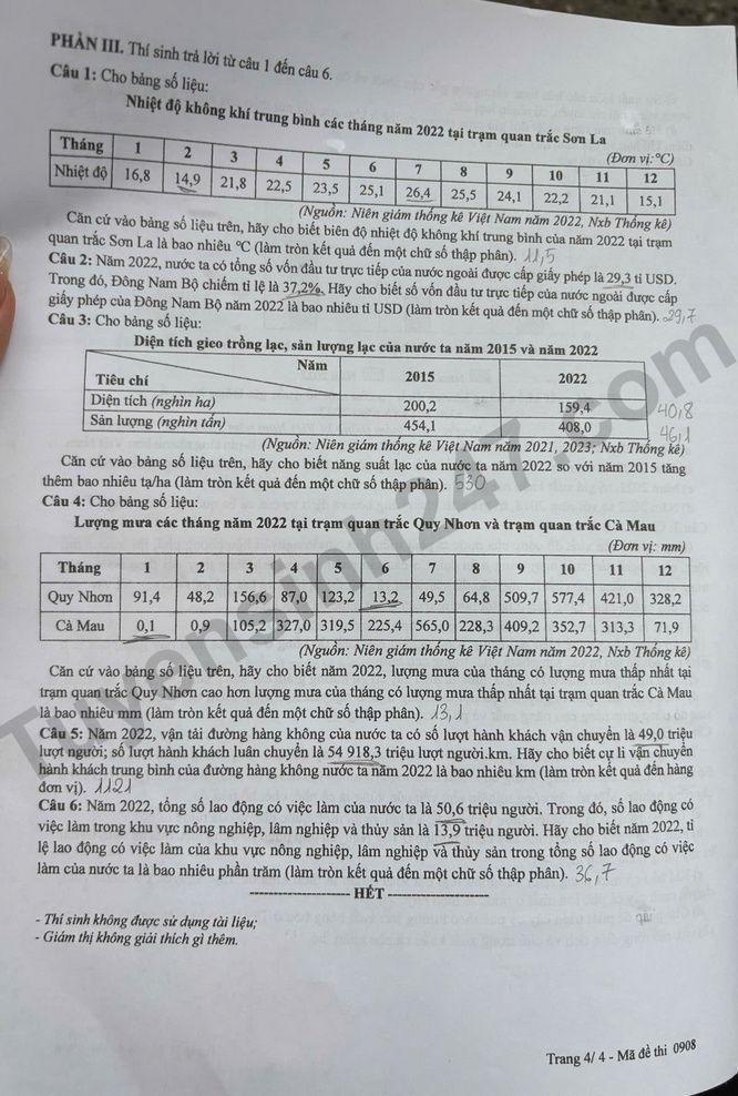 Dap an de thi tot nghiep THPT 2025 ma de 0908 mon Dia