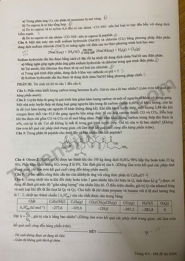 Dap an de thi tot nghiep THPT 2025 mon Hoa ma de 0304