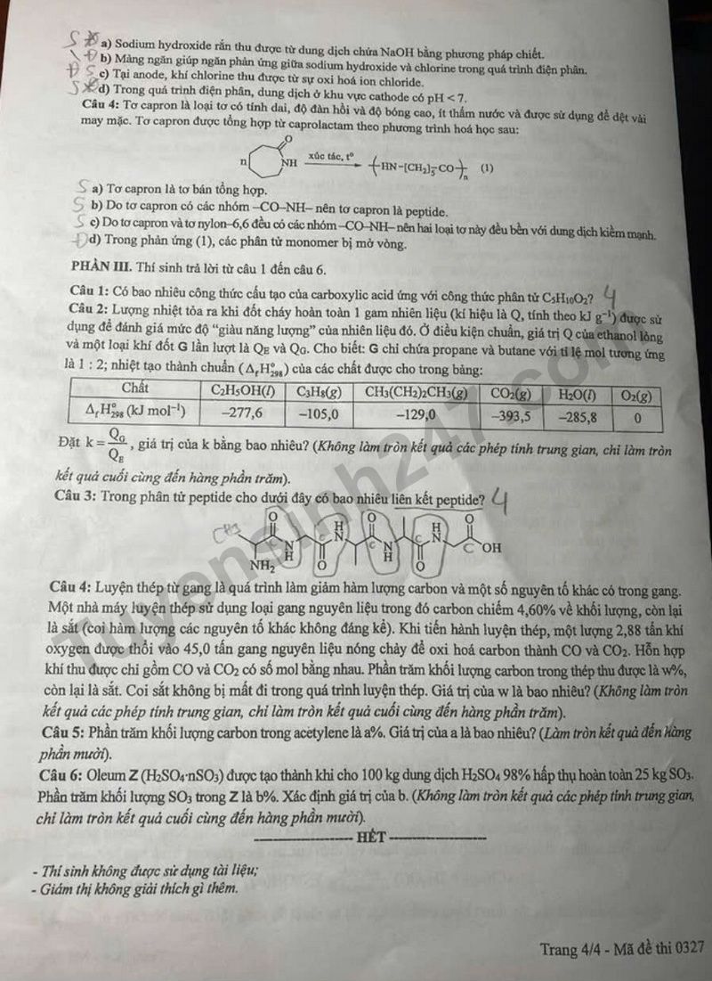 Dap an de thi mon Hoa ma de 0327 tot nghiep THPT 2025