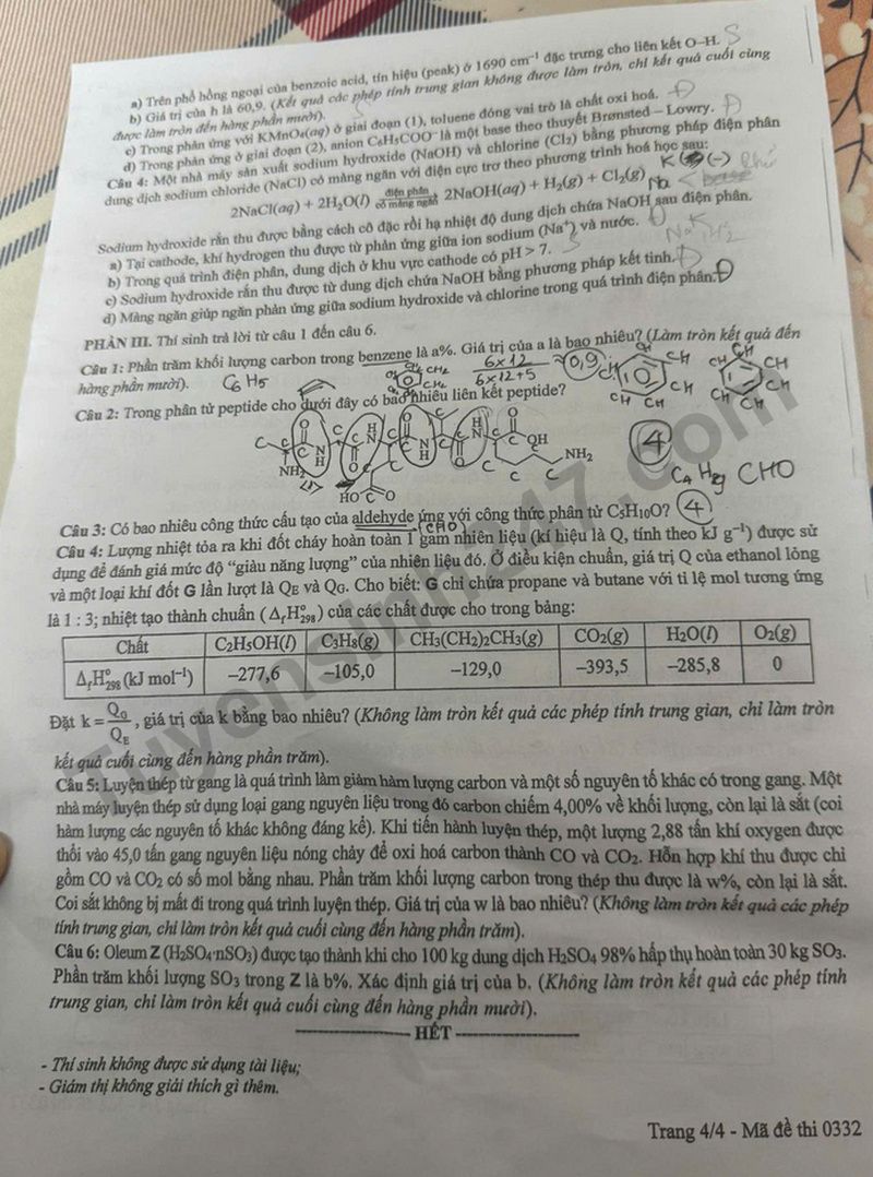 Dap an de thi mon Hoa tot nghiep THPT 2025 ma de 0332