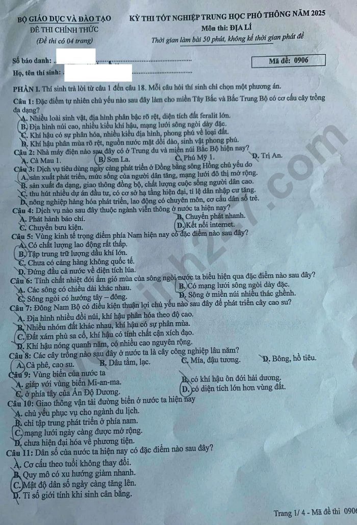Dap an de thi tot nghiep THPT 2025 mon Dia - ma de 0906