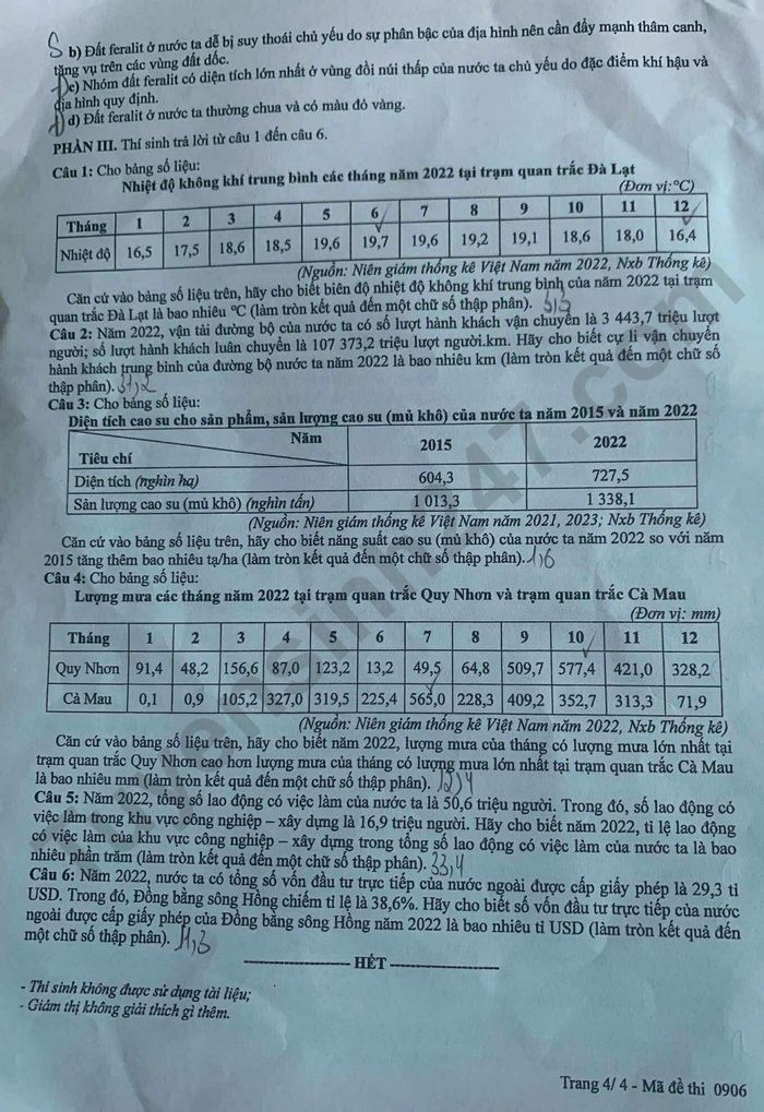 Dap an de thi tot nghiep THPT 2025 mon Dia - ma de 0906