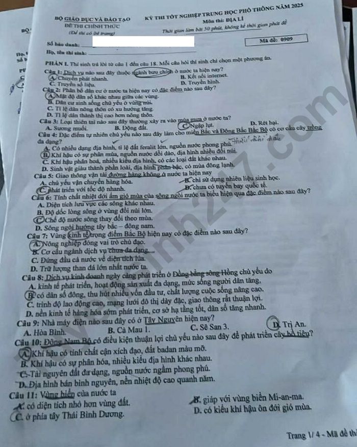 Dap an de thi tot nghiep THPT 2025 - ma de 0909 mon Dia