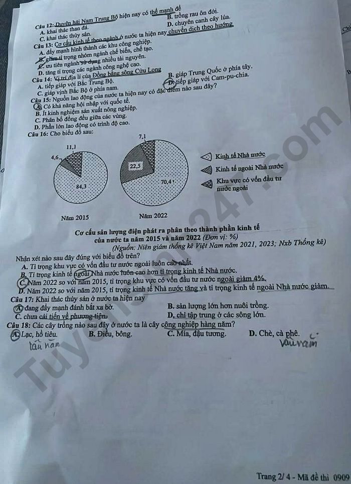 Dap an de thi tot nghiep THPT 2025 - ma de 0909 mon Dia