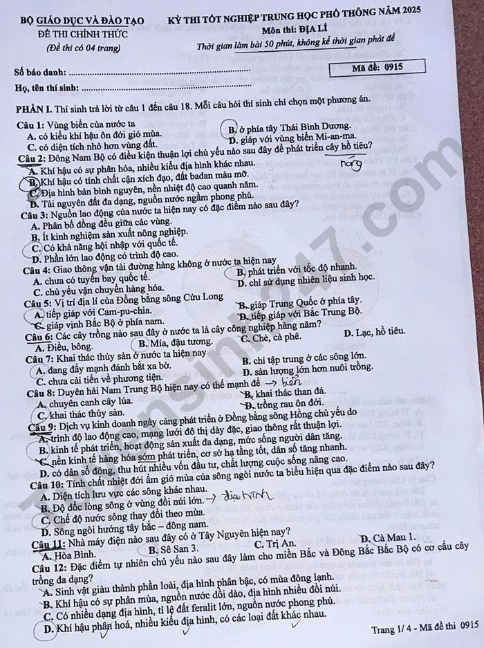 Dap an de thi tot nghiep THPT 2025 ma de 0915 mon Dia