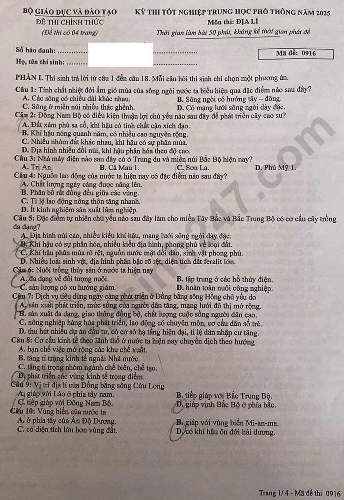Dap an de thi mon Dia ma de 0916 - tot nghiep THPT 2025