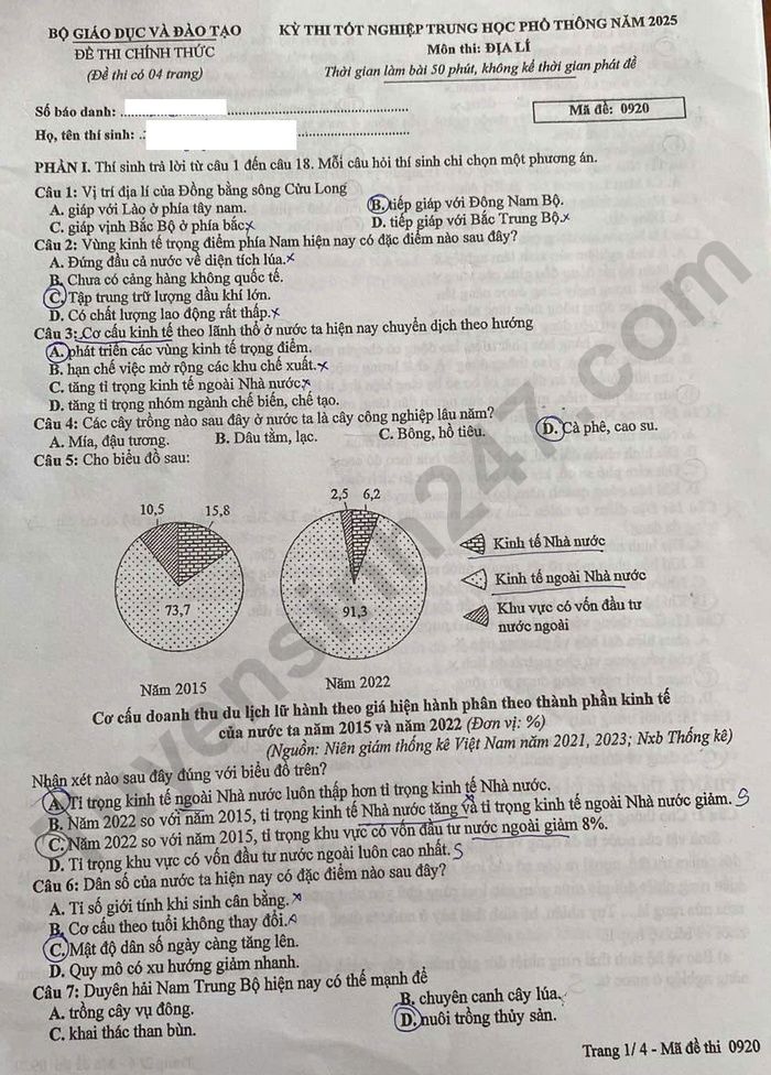 Dap an de thi tot nghiep THPT 2025 mon Dia - ma de 0920