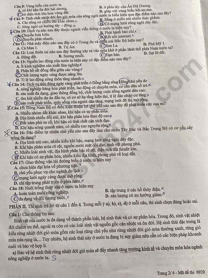 Dap an de thi tot nghiep THPT 2025 mon Dia - ma de 0920