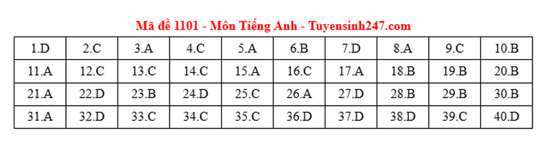 Dap an de thi tot nghiep THPT 2025 mon Anh - ma de 1101