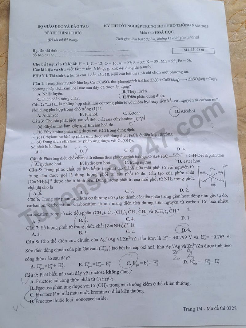 Dap an de thi tot nghiep THPT 2025 mon Hoa - ma de 0328