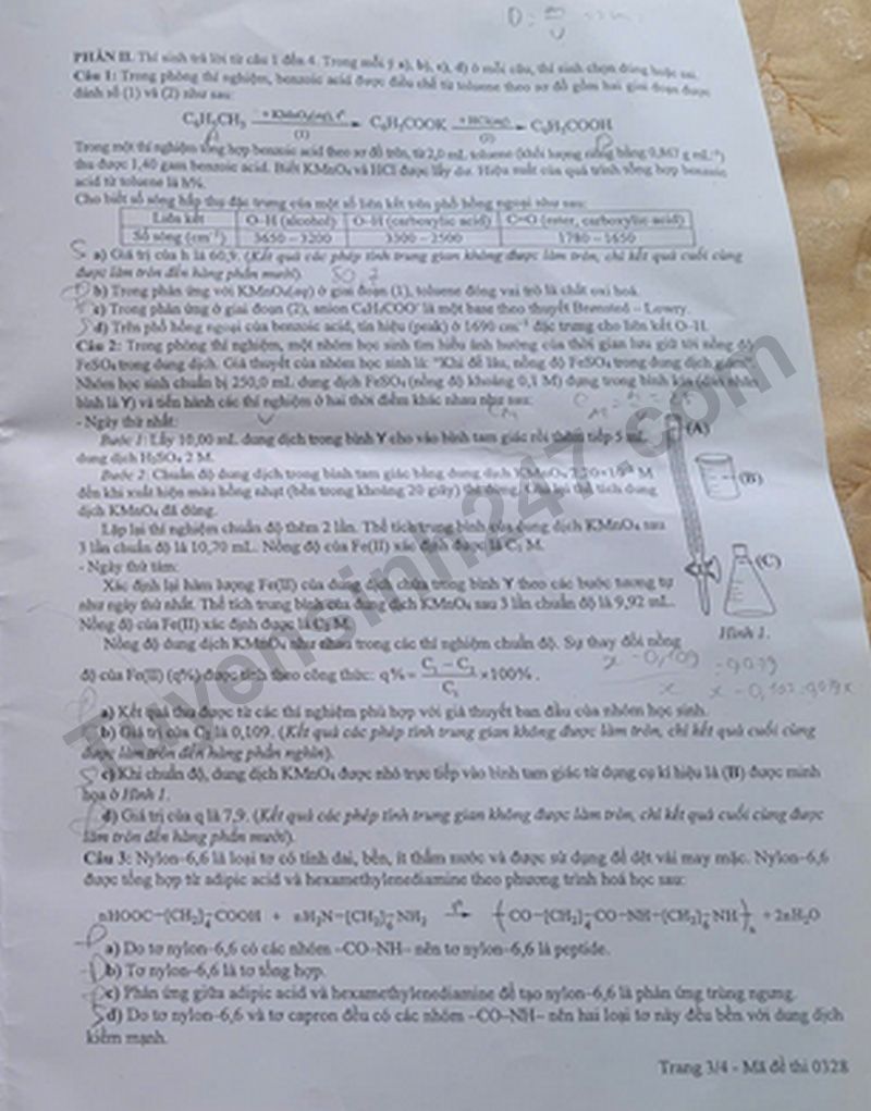 Dap an de thi tot nghiep THPT 2025 mon Hoa - ma de 0328