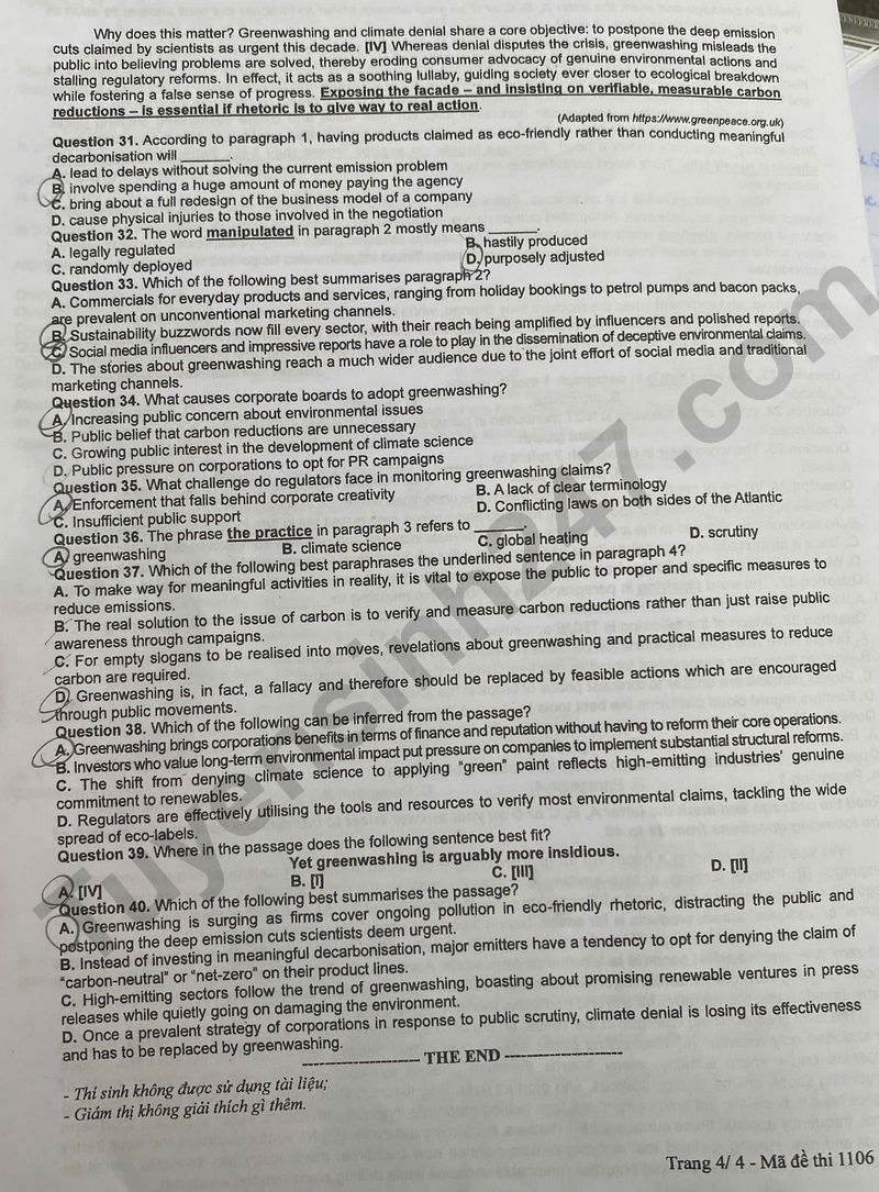 Dap an de thi tot nghiep THPT mon Anh 2025 ma de 1106
