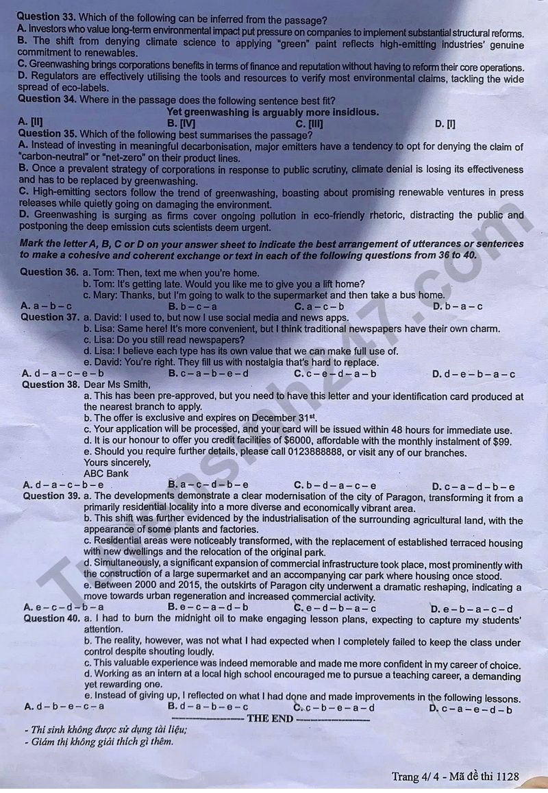 Dap an de thi mon Anh tot nghiep THPT 2025 - ma de 1128