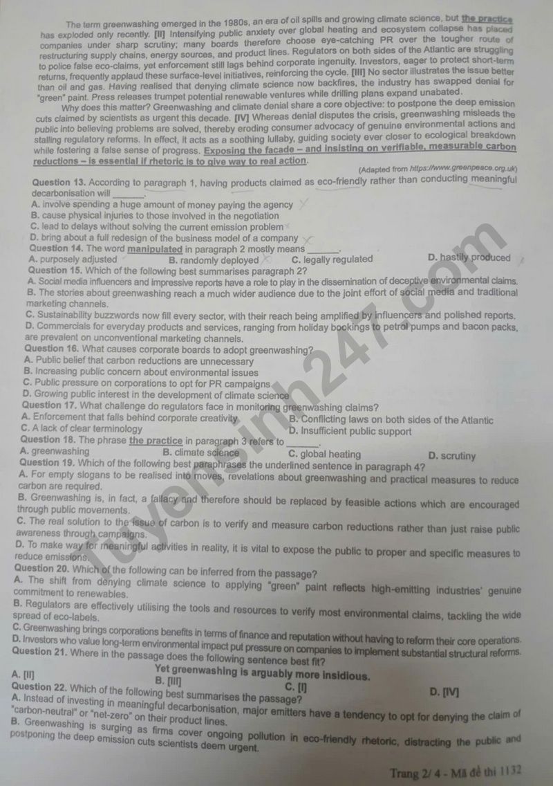 Dap an mon Anh ma de 1132 - tot nghiep THPT nam 2025