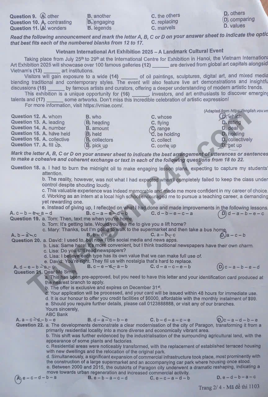 Dap an de thi tot nghiep THPT mon Anh 2025 - ma de 1103