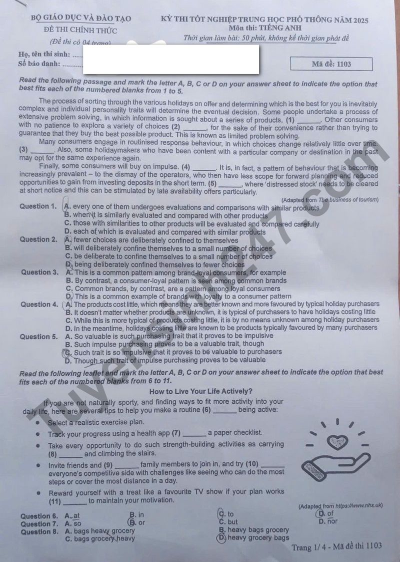 Dap an de thi tot nghiep THPT mon Anh 2025 - ma de 1103
