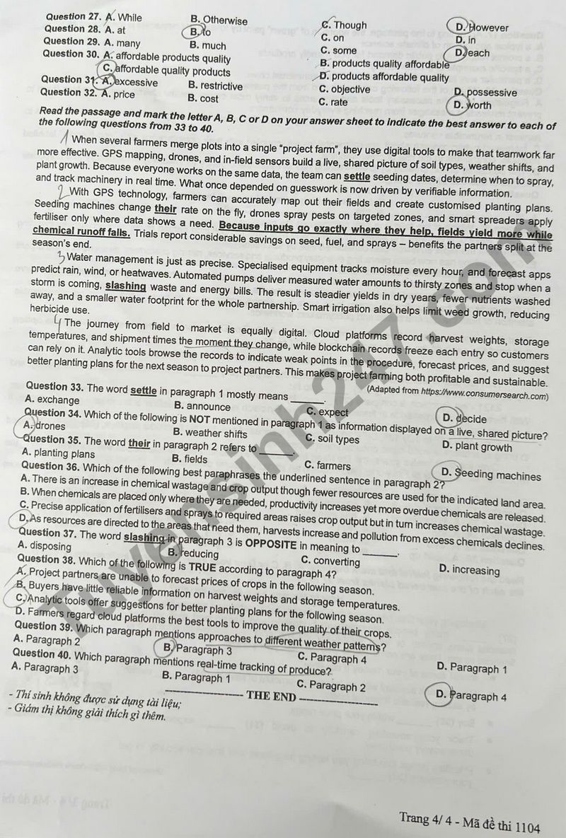 Dap an mon Anh ma de 1104 - tot nghiep THPT nam 2025